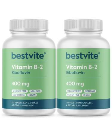 BESTVITE Vitamin B-2 (Riboflavin) 400mg (240 Vegetarian Capsules) (120 x 2) - High Potency Energy Skin & Cellular Health Healthy Nervous System Support Vegan Gluten Free - No Stearates 240 Count (Pack of 1)