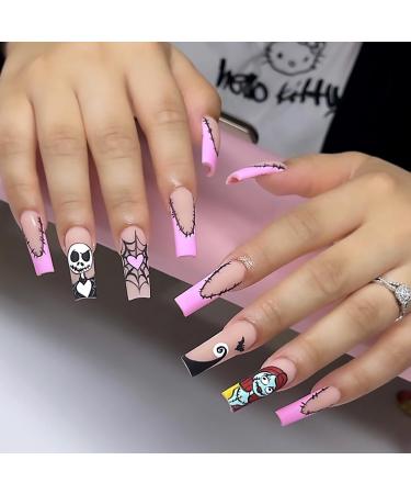 Halloween Press on Nails Coffin Long Fake Nails Pink French Tip False Nails With Spider Web Stitch Puppet Designs Nightmare Before Christmas Nails Full Cover Glue on Nails Artificial Nails for Women
