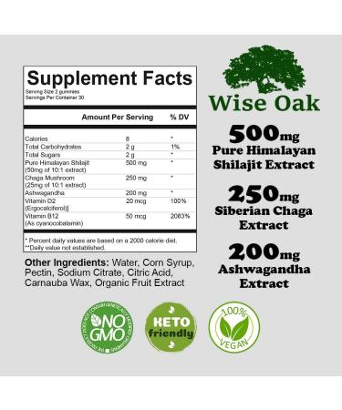 Wise Oak Shilajit Gummies 500mg - Chaga, Ashwagandha, B12, D2 Vitamins - Black Cherry Flavored Vegan Ayurvedic Supplement - Buy Online on GoSupps.com