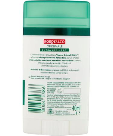 Borotalco Borotalco Original Stick Deodorant alcohol-free and aluminum salt-free formula with active crystal talc triple dry protection talc fragrance - 40 ml size - Buy Online on GoSupps.com