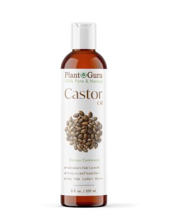 Plant Guru Castor Oil 8 fl. oz. Unrefined 100% Pure Natural Hexane-Free USP Grade Hair Growth Eyebrows and Eyelashes. Skin Face and Body Moisturizer.
