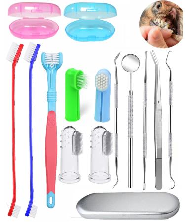 Dog toothbrush set pet toothbrush set silicone finger toothbrush long handle double-headed toothbrush metal tool contained professional tooth cleaning set for pets (15 pieces) 15-part set