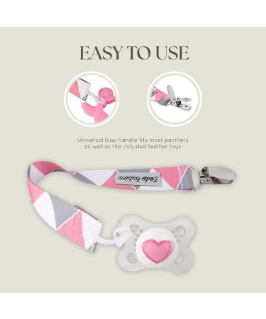 Dodo Babies Pacifier Clip & Teether Toy Set - 4 Clips + 2 Silicone Teethers - Universal Holder - Pink/Grey Prints - Boys/Girls - Buy Online on GoSupps.com