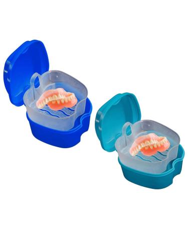 OBTANIM 2 Pack Denture Bath Cup Case Box Holder Storage Soak Container with Strainer Basket for RetainersTravel False Teeth Cleaning (Blue Green)