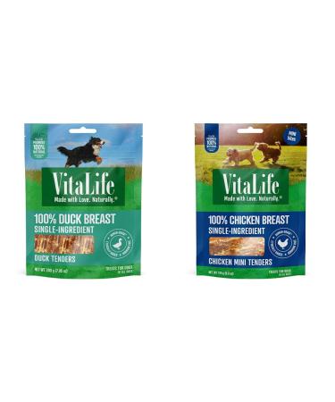 VitaLife Jerky Dog Treats - All Natural Duck Tenders 200g + Chicken Mini Tenders 170g