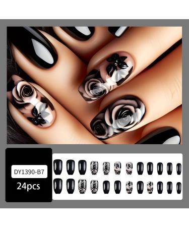 Black Press on Nails - Medium Square Flower Design Glossy Ombre Acrylic Full Cover Kit - 24Pcs for Women | International Shipping - Buy Online on GoSupps.com