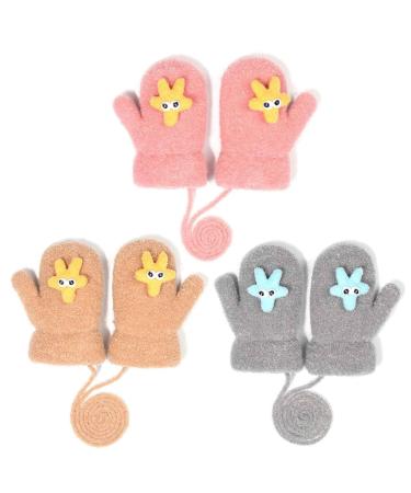 MUNSKT 3 Pairs Kids Thick Knitted Gloves Toddler Baby Winter Warm Mittens Cute Full Finger with Anti-Lost String Plush Lined Stretch Soft Comfortable for Girls Boys 0-6 Years