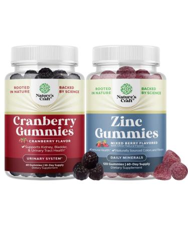 Bundle of Natural Cranberry Gummies for Women and Men and Extra Strength Zinc for Adults - Extra Strength Delicious Antioxidant Cranberry Chews - Chewable Zinc Citrate 50mg Immunity