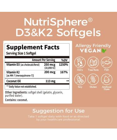 NutriSphere Vitamin D3 & K2 (MK-7) - 10 000 IU + 200 mcg Supplement D&K Easy to Swallow Supports Calcium Absorption - 365 Softgels (1 Year Supply) - Buy Online on GoSupps.com
