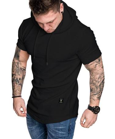 Aiyino Men's Short Sleeve Athletic Hoodies Sport Sweatshirt Solid Color Fashion Pullover Large 01short Sleeve-black