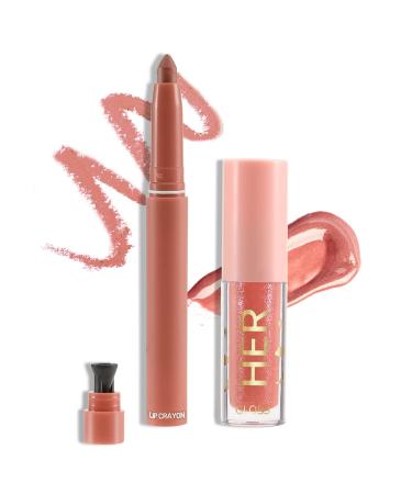 Boobeen Matte Lip Crayon + Plumping Lip Shine Moisturizing Lip Gloss Lipsticks Velvet Matte Lip Pencil Long Lasting Lip Liner Pens and Liquid Lip Glaze Makeup Set Pack of 2 C02+02