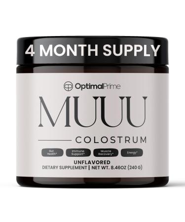 Optimal Prime - MUUU Bovine Colostrum Supplement and Superfood Powder for Gut Health Bloating Immune Support Hair Skin and Nails Unflavored 120 Servings