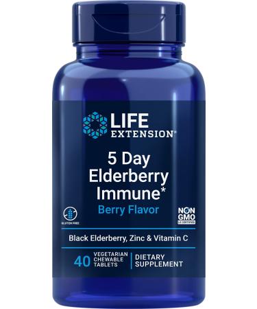 Life Extension 5 Day Elderberry Immune (Berry Flavor) Immune System Support - Gluten-Free  Non-GMO - 40 Vegetarian Chewable Tablets