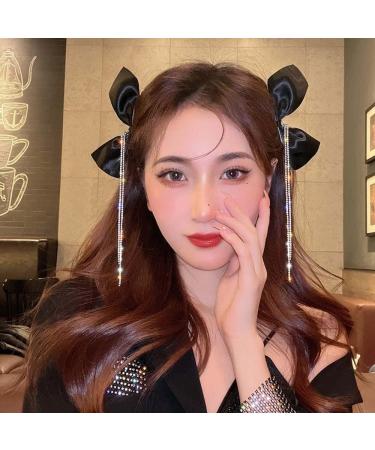 Black Rhinestone Chain Tassel Hair Clip - Korean Style Bow Barrette - Buy Online on GoSupps.com