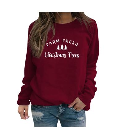 Women Christmas Sweatshirt 2022 Fall Christmas Print Long Sleeve Round Neck Pullover Shirts Dressy Casual Tee Shirts C Wine Medium