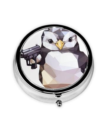 Cartoon Penguin Portable Metal Pill Box Round Mini 3-Compartment Plastic Insert hinged Fastening Design Suitable for Small Pills Must-Have for Travel Black