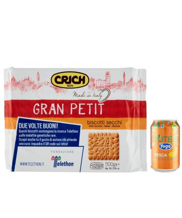 Crich Gran Petit Biscotti Secchi Biscuits, 500g Pack, Each Pack Contains 8 Single Serves + 1 Can of Peach Iced Tea, 330ml