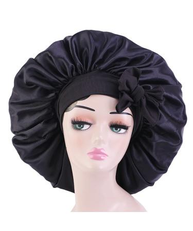 Satin Bonnet Silk Bonnet Hair Bonnet Jumbo Size for Sleeping Satin Bonnet Stretchy Tie Band for Women Long Curly Braid Hair (Black)