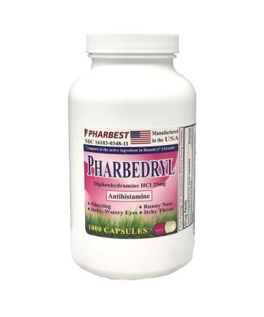 PHARBEST Diphenhydramine HCI 25 Mg Allergy Medicine and Antihistamine- 1000 Capsules 2629