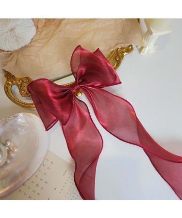 Burgundy Organza Bow Hair Clip for Women and Girls - Large Long Tail Bow Hair Pin Headwear - Buy Online on GoSupps.com