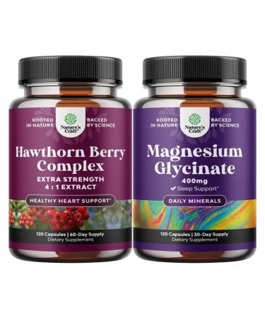 Bundle of High Strength Hawthorn Berry Capsules with Leaf & Flower Extract 4:1 for Healthy Heart & Digestion and Pure Magnesium Glycinate Supplement 400mg Per Serving - Mood Sleep & Relaxation Support