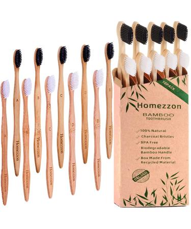 Homezzon Bamboo Toothbrushes Soft Bristles Pack of 10 – Eco-Friendly Wooden Toothbrushes - BPA Free Charcoal Toothbrushes Effectively Cleanses Teeth, Ideal for Sensitive Gums