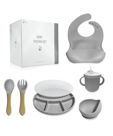 Baby Weaning Set Silicone Baby Self Feeding Tableware Set - Divided Suction Plate - Bowl with Suction Plate - Bowl Set with Sippy Cup Silicone (Grey)