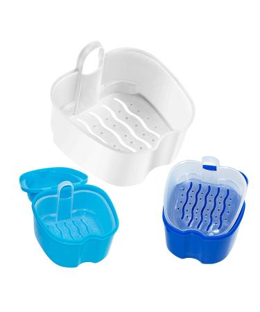 Denture Cups Set with Strainer Basket & Brush - Travel Denture Case for Overnight Cleaning - Blue/Green - Buy Online on GoSupps.com