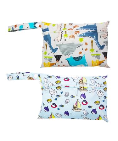 Wetbag diaper bag 2 pieces of small diaper pocket children's bag for travel newborn dry bag washable reusable waterproof zip organizer (dinosaur + sea world)