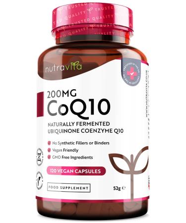 CoQ10 200mg - 120 Vegan Capsules of High Strength Co Enzyme Q10 (4 Months Supply) - 100% Pure and Naturally Fermented Ubiquinone Coenzyme - No Synthetic Additives - Made in The UK by Nutravita 120 Count (Pack of 1)