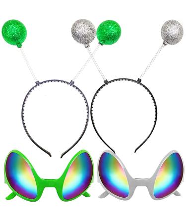 Poptrend 2 Pairs Alien Headband and Glasses,Alien Rainbow Lens Sunglasses,Headband Boppers Antenna for Adults and Kids Green+silver