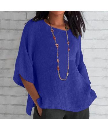 Dark Blue Oversized Cotton Linen Summer Shirt for Women | Half Sleeve | Crewneck Tunic Top | Loose Fit - Buy Online on GoSupps.com