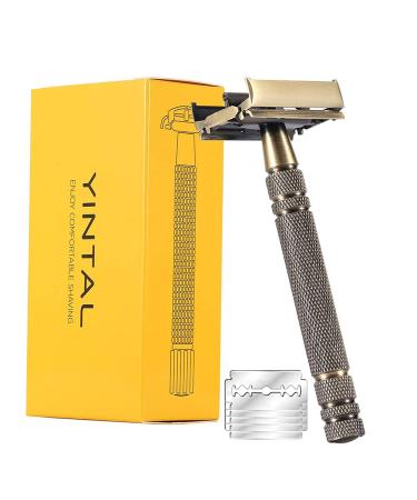 Yintal Double Edge Safety Razors,Classic Men Shaving Butterfly Open Razor - Bronze Long Handle Women Razors With 5 Blades,Reusable Metal Brass Manual Shaver Close Comb