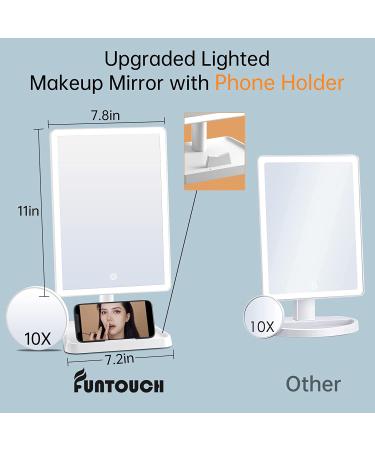 Rechargeable Lighted Makeup Mirror with 96 LED Lights, 10X Magnification, Phone Holder, and 3 Color Lighting | Sensor Touch Dimmable, 360 Rotation - White - Buy Online on GoSupps.com