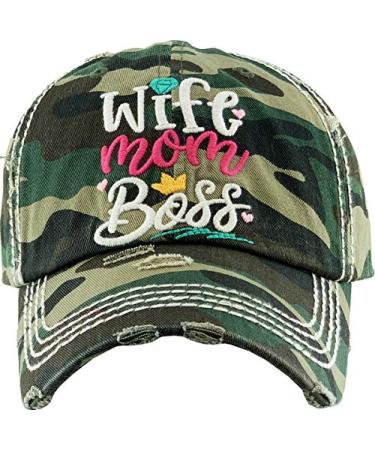 Funky Junque Womens Baseball Cap Distressed Vintage Unconstructed Embroidered Patch Hat Wife Mom Boss - Camo Script