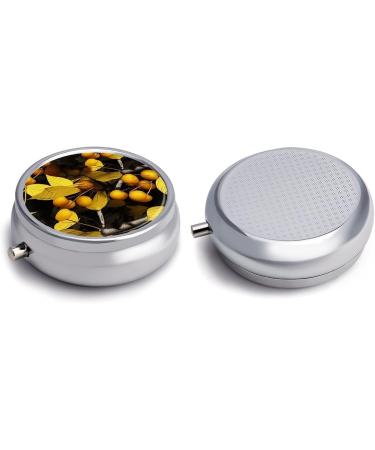 Round Yellow Leaves & Fruits Print Pill Box | 3 Compartment Portable Medicine Organizer | Decorative Metal Pocket Pill Case - Style 9 - Buy Online on GoSupps.com