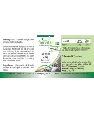 Fairvital | Cuivre 2 mg - 180 comprim s - Bisglycinate de cuivre - qualit contr l e et hautement dos - 100% v g talien - Fabriqu en Allemagne - Buy Online on GoSupps.com