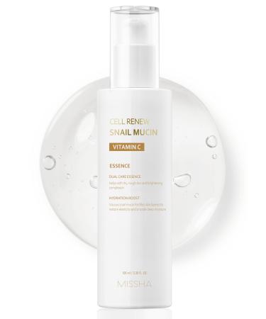 MISSHA Cell Renew Snail Mucin Vitamin C Essence Serum 3.38 Fl oz - Hydrating Korean Skincare for Glass Skin Snail Mucin Serum for Improved Skin Texture & Complexion