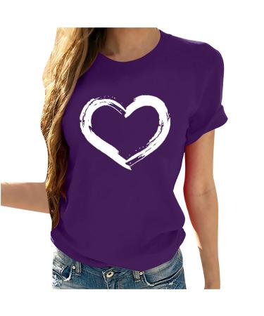Womens Fashion Tops,Women Cute Love Heart Shirts Short Sleeve Tops Crewneck Basic White Tee Blouses Valentine Tee Purple X-Large
