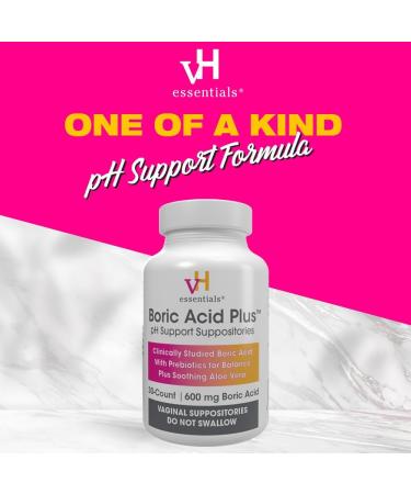 vH Essentials Boric Acid Plus Vaginal Suppositories - Prebiotic & Aloe Vera for pH Balance Odor Control & Freshness - 600mg 30 Count - Buy Online on GoSupps.com