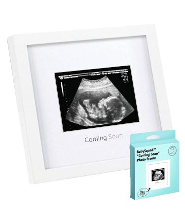 BabySquad Coming Soon Photo Frame, 7 x 7 (INCHES), Sawtooth Hanger + Kickstand, Babyshower Gifts, Sonogram Photo Frame, Ultrasound Photo Frame, Handcrafted White Wooden Picture Frame, Keepsake Gift