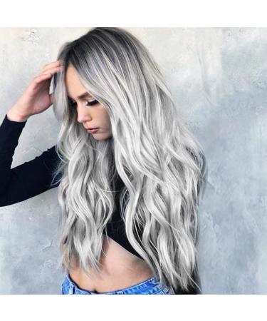 Battnot hair part for women blonde gradient long curly mixed mixed color synthetic fluffy natural beautiful female full women girls soft hair wigs (70 cm / 27.6 inches gray)