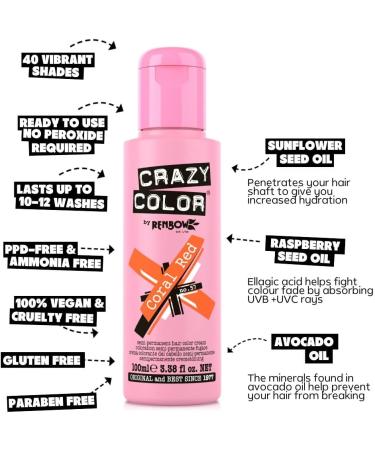 Crazy Color Vibrant Coral Red Semi-Permanent Duo Hair Dye. Highly Pigmented Copper Conditioning & Oil Nourishing Vegan Formula | No Bleach or Ammonia | 200ml - Buy Online on GoSupps.com