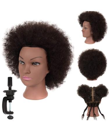 Afro Hair Manikin Head 100% Human Hair African American Manikin Head Curly Hair Mannequin Head Cosmetology Doll Head Hairdresser Training Head for Practice Styling Dye Cutting with Free Clamp Stand Natural Color-B
