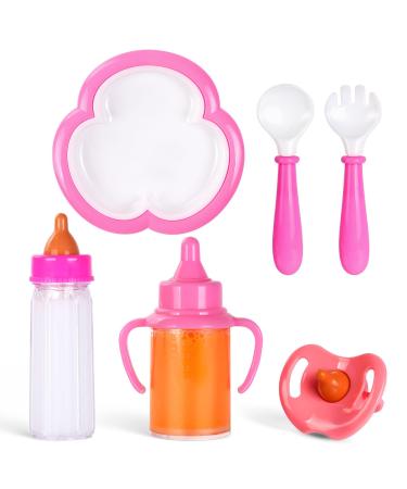 Aolso 6 Pcs Baby Doll Feeding Set 2 Pcs Magic Baby Doll Milk Bottle and 1 Pcs Dummy Spoons and Forks and 1 Dinner Plate Baby Doll Feeding Accessories Easy for Small Hands Gift for Boy and Girl 6pcs