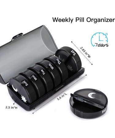 Weekly Pill Organizer - Travel Pill Box for 7 Days AM PM Twice a Day Case for Vitamins Fish Oil & Supplements - Portable Black Medication Organizer - Buy Online on GoSupps.com