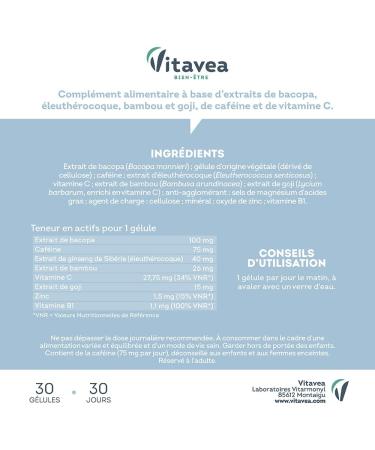 VITAVEA BIEN-ETRE - M mo'Focus - Nutritional supplement memory concentration and vitality - Bacopa Caffeine Zinc Vitamin B1 Vitamin C Ginseng - 30 capsules - 30 days - Made in France - Buy Online on GoSupps.com