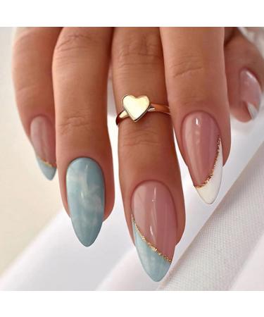 JUSTOTRY 24 Pcs Glitter Stiletto False Nails Short Sky Blue French Press on Nails Pattern Pretty Fake Nails Short with Nail Glue Almond Stick on Nails for Women Nails Fake Nail for Nails Art Blue&glitter - Buy Online on GoSupps.com
