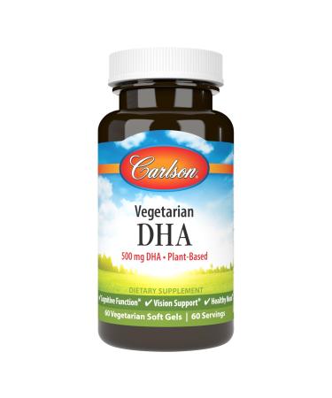 Carlson - Vegetarian DHA, 500 mg DHA, Plant Based, Sustainably Sourced from Algae, Brain Support, Mood Health, 60 Softgels 60 Count (Pack of 1)