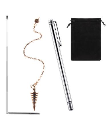 3 pieces of culverts copper and copper pendulum spy cone with 2 inserable paranormal dining rod with copper handle 1 pendulum trailer for ghost hunting energy healing water white (silver)